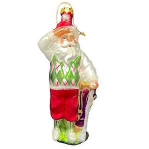 Golfing Santa Ornament Blown Glass Glitter Plaid Vest Christmas Golf Bombay